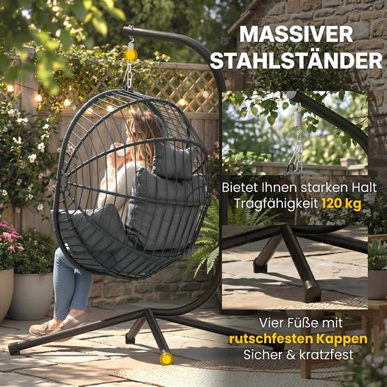 Fauteuil œuf suspendu acier jardin et balcon panier pliable coussin épais rembourré gris - ComfortXL Outdoor Living - Image 6