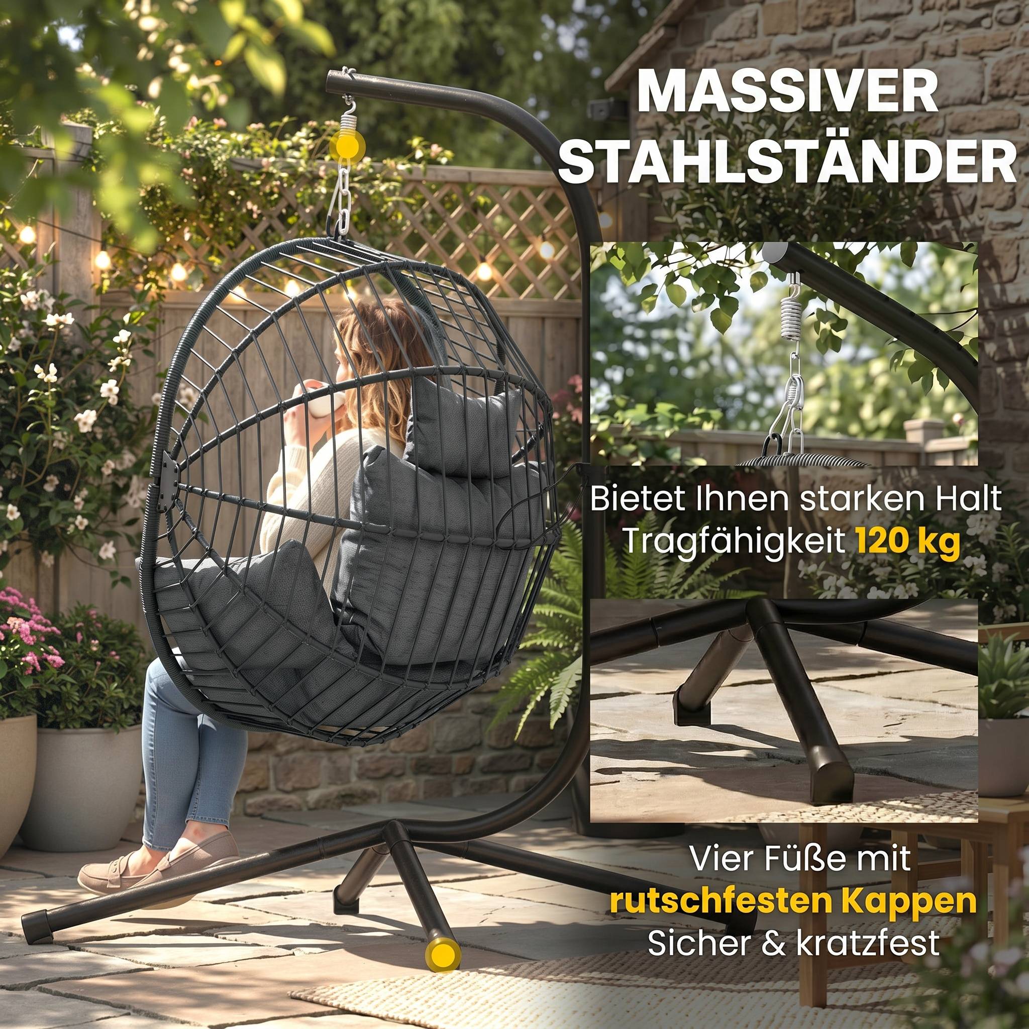 Fauteuil œuf suspendu acier jardin et balcon panier pliable coussin épais rembourré gris - ComfortXL Outdoor Living - Image 6