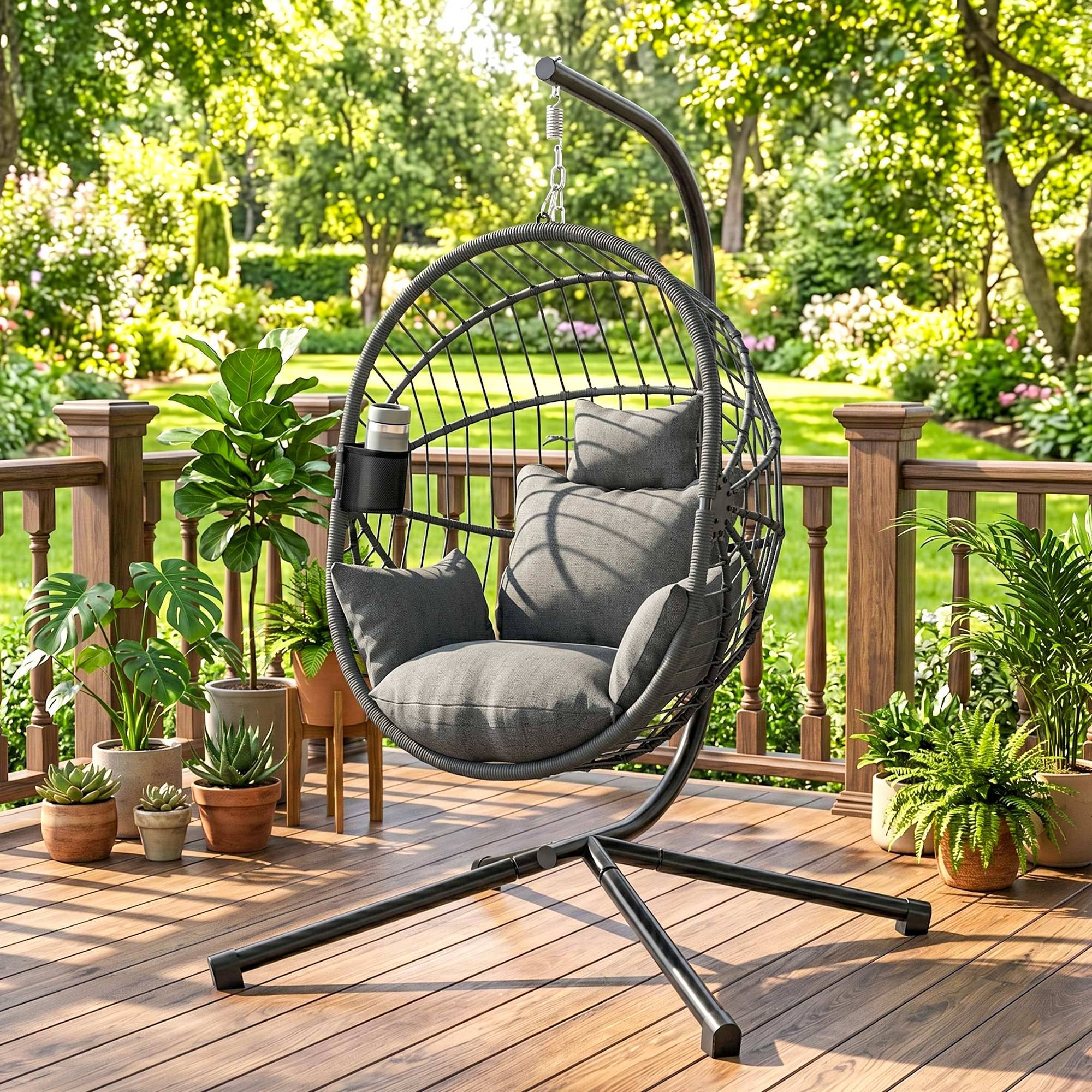 Fauteuil œuf suspendu acier jardin et balcon panier pliable coussin épais rembourré gris - ComfortXL Outdoor Living - Image 4