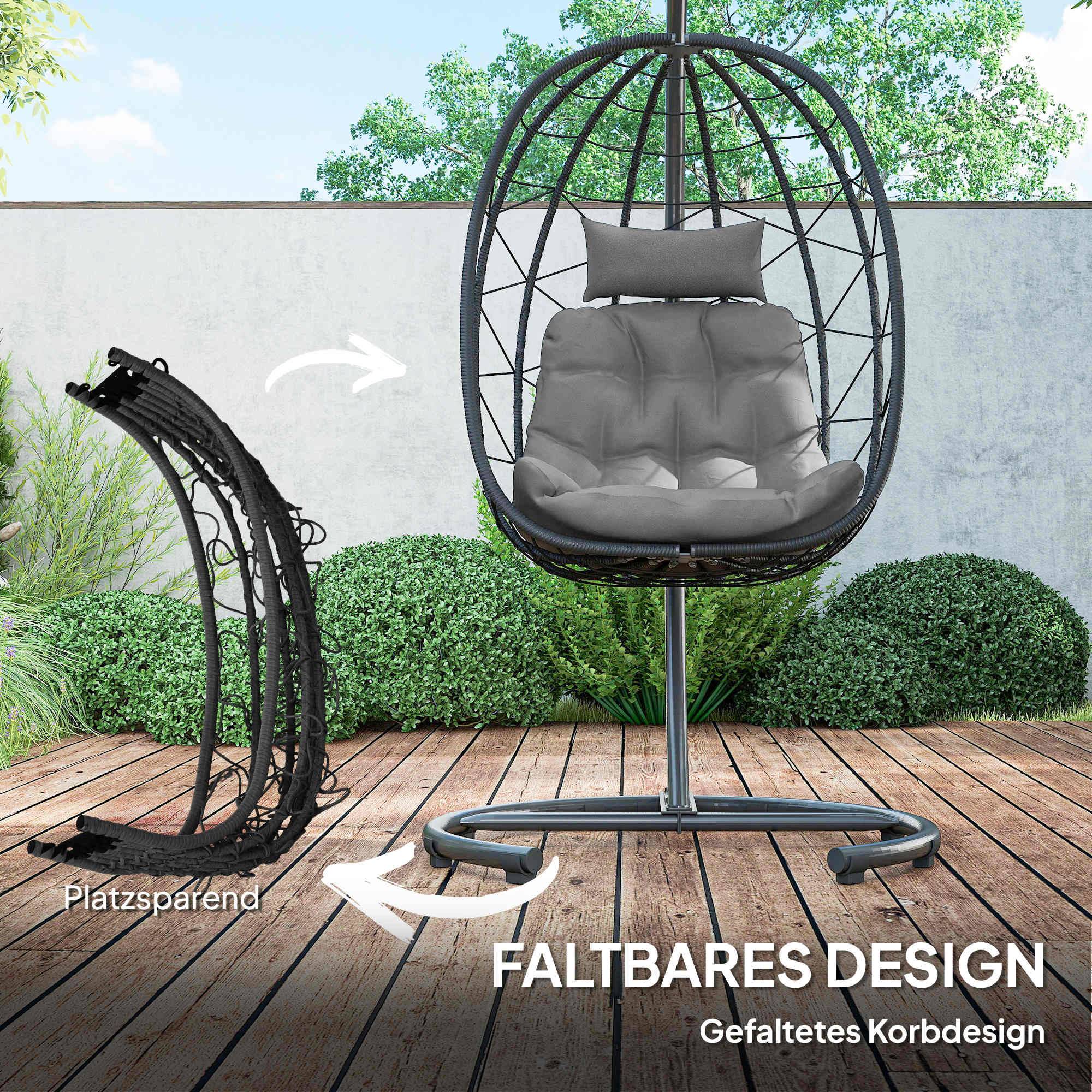 ComfortXL - Fauteuil suspendu résine tressée noir 102 x 102 x 195 cm jardin balcon avec coussins et panier pliable - Image 4