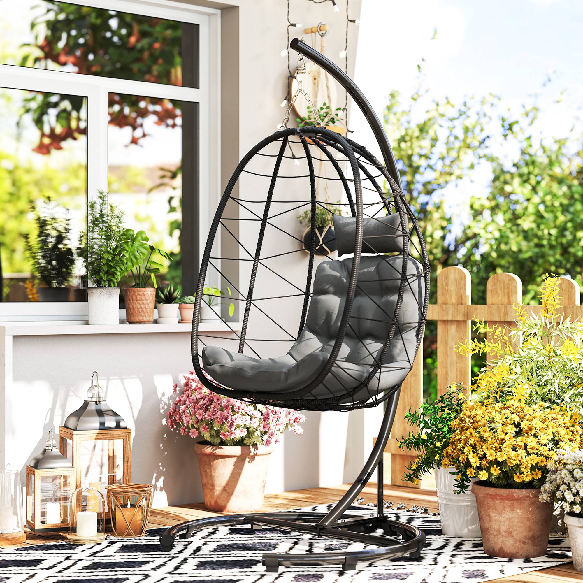 ComfortXL - Fauteuil suspendu résine tressée noir 102 x 102 x 195 cm jardin balcon avec coussins et panier pliable - Image 1