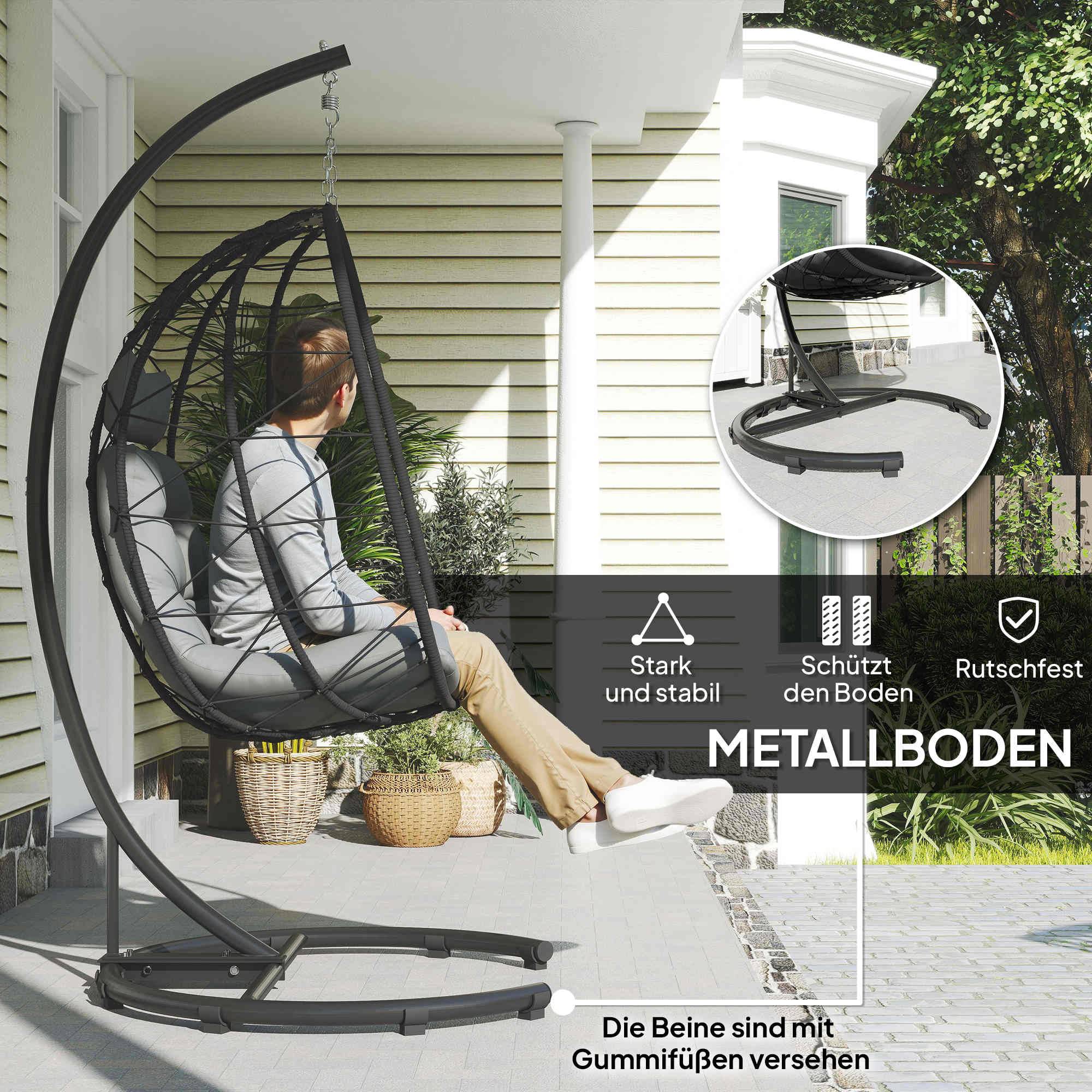 ComfortXL - Fauteuil suspendu résine tressée noir 102 x 102 x 195 cm jardin balcon avec coussins et panier pliable - Image 5
