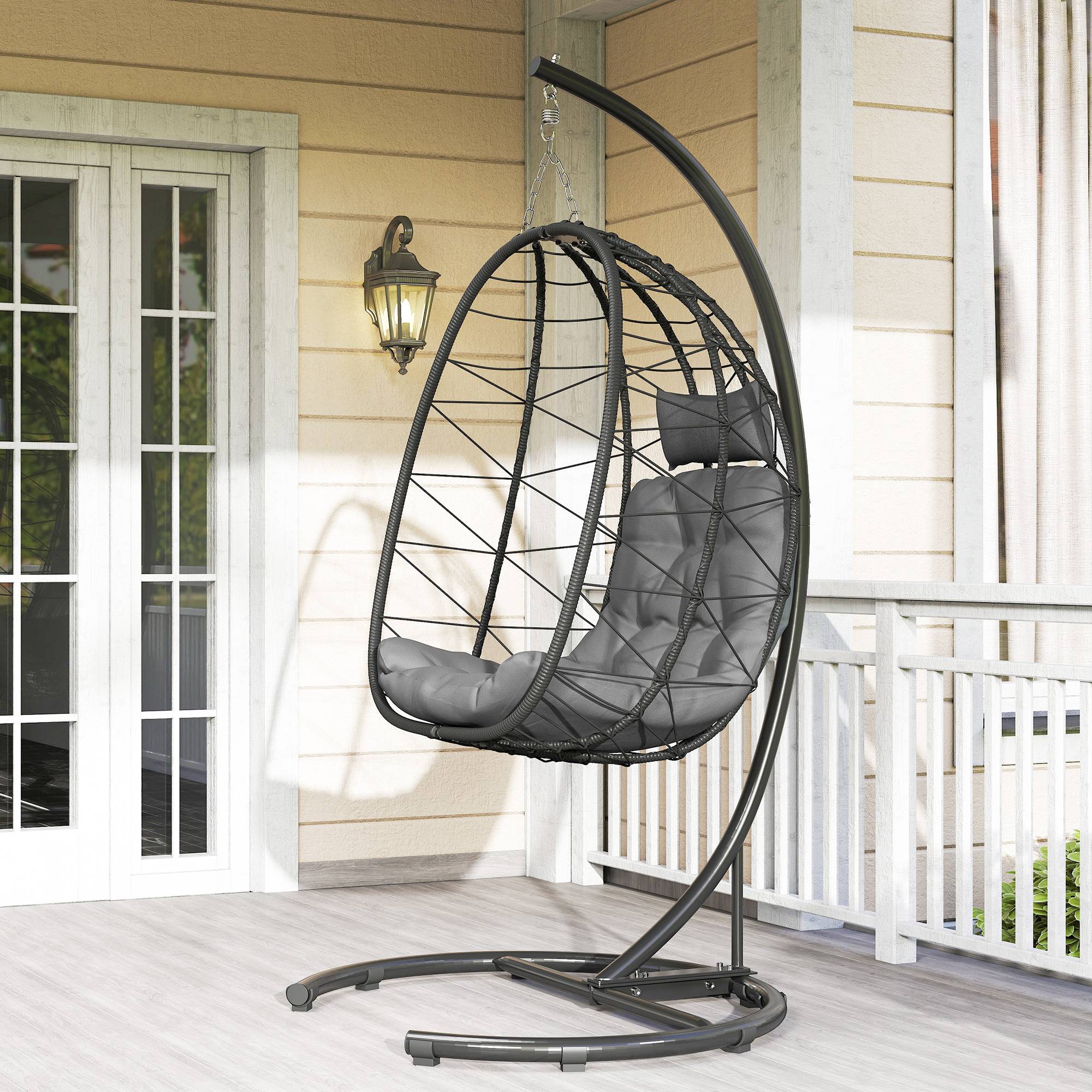ComfortXL - Fauteuil suspendu résine tressée noir 102 x 102 x 195 cm jardin balcon avec coussins et panier pliable - Image 8