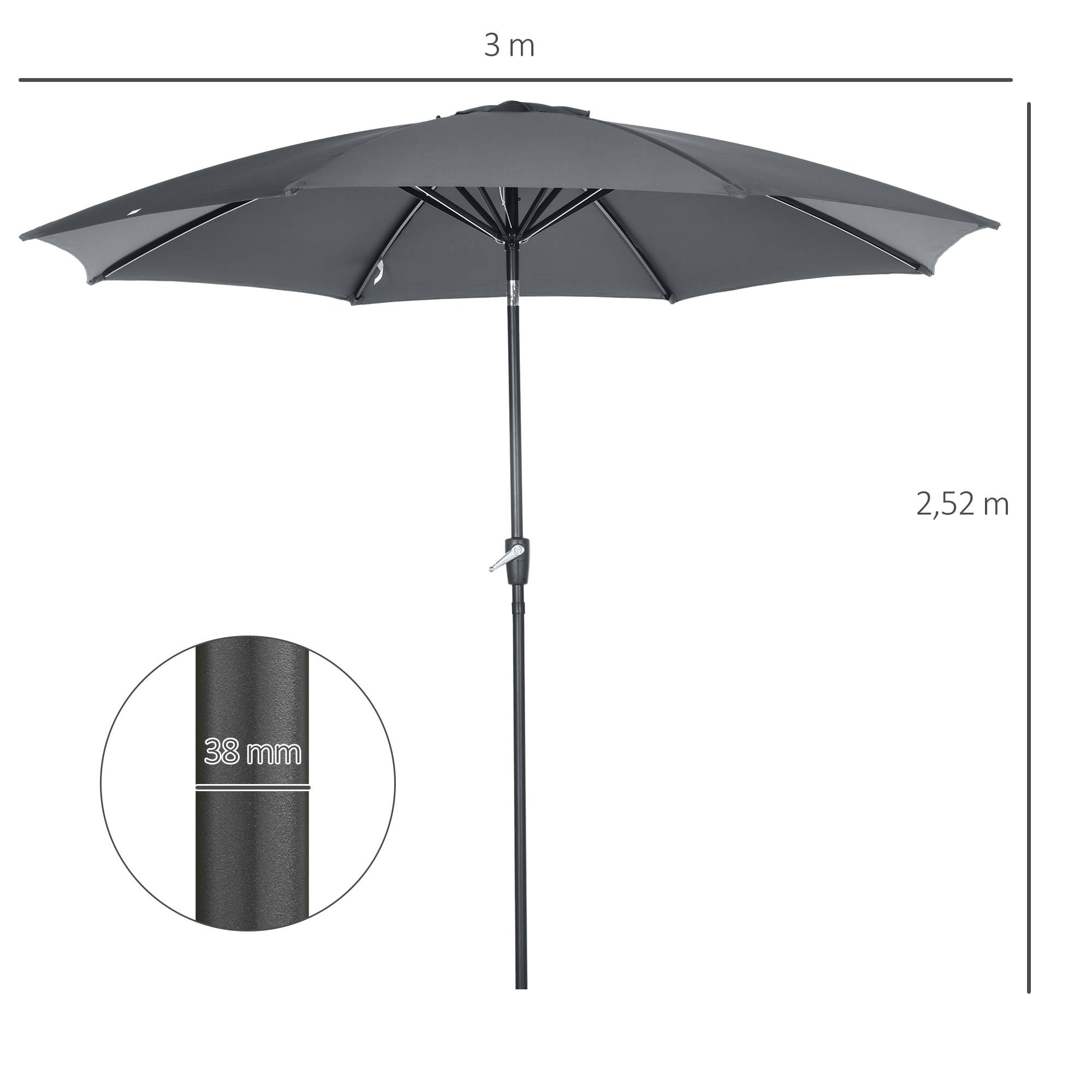 ComfortXL - Parasol Déporté Rond Métal Inclinable pour Jardin Terrasse avec Manivelle Ø300 cm Gris - ComfortXL Outdoor Living - Image 5