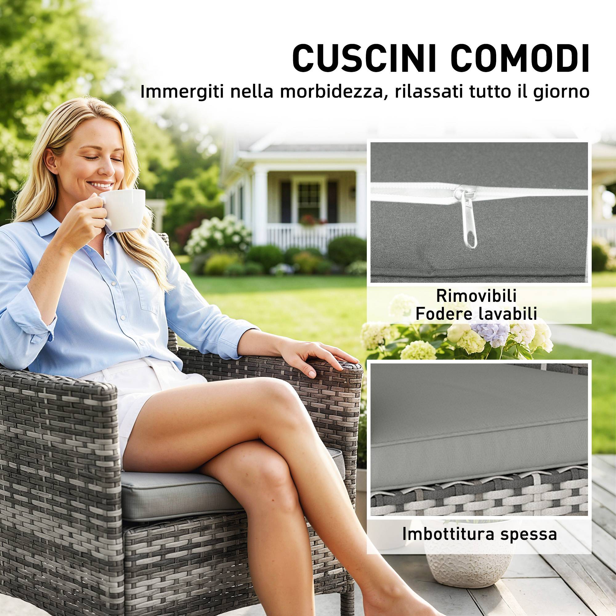 Ensemble 2 chaises jardin rotin et acier avec coussins, accoudoirs, dossier haut, gris - Image 8