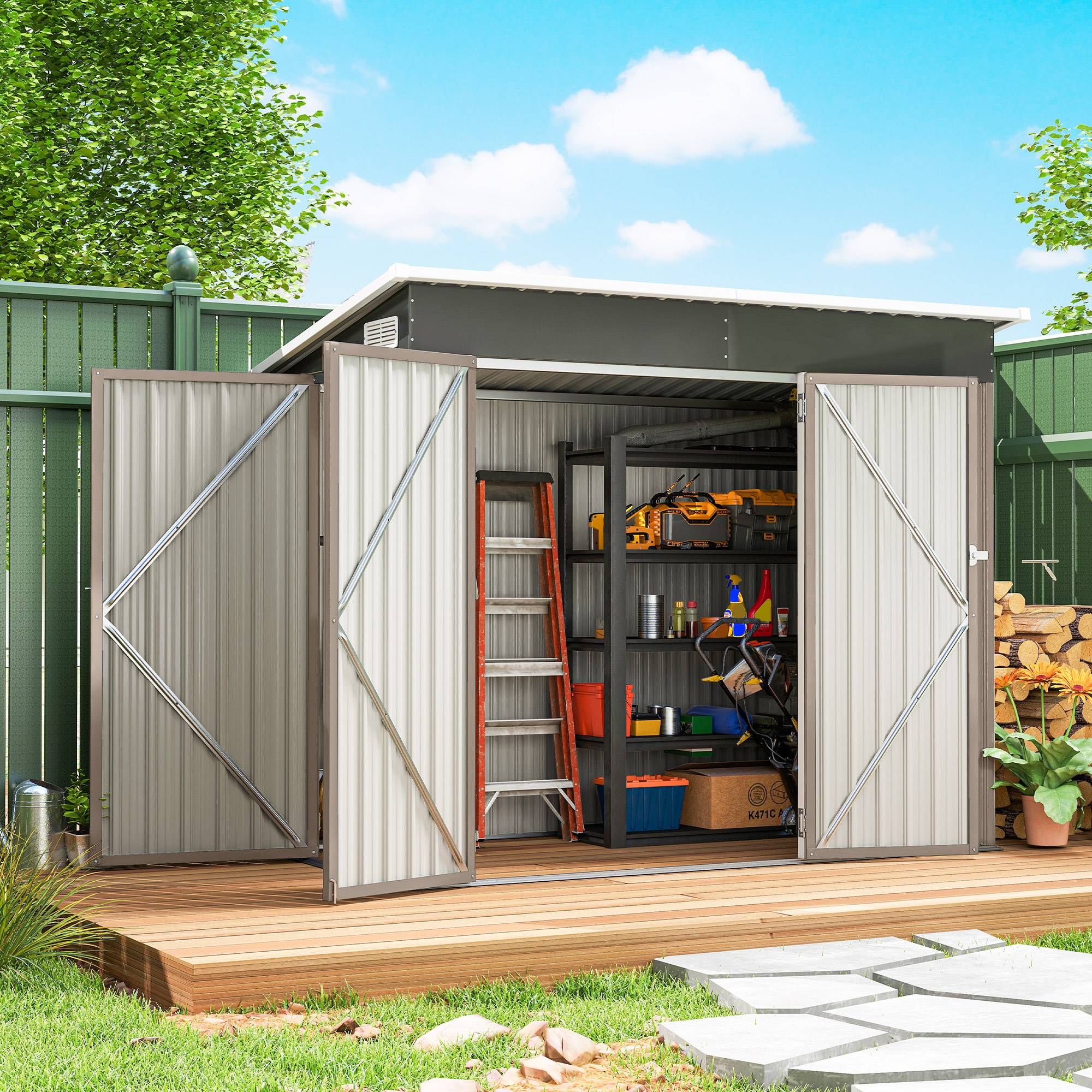 ComfortXL - Abri de jardin acier galvanisé 234 x 132 x 185 cm gris clair 3 portes verrouillables avec ventilation - Image 1