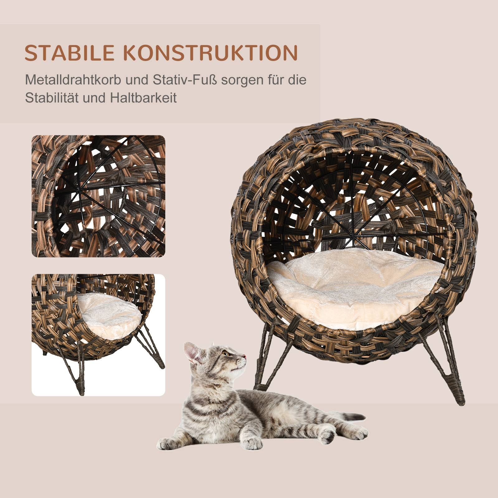 Maison chat rotin coussin couchage niche pieds surélevés brun Ø52x58 cm - Image 6