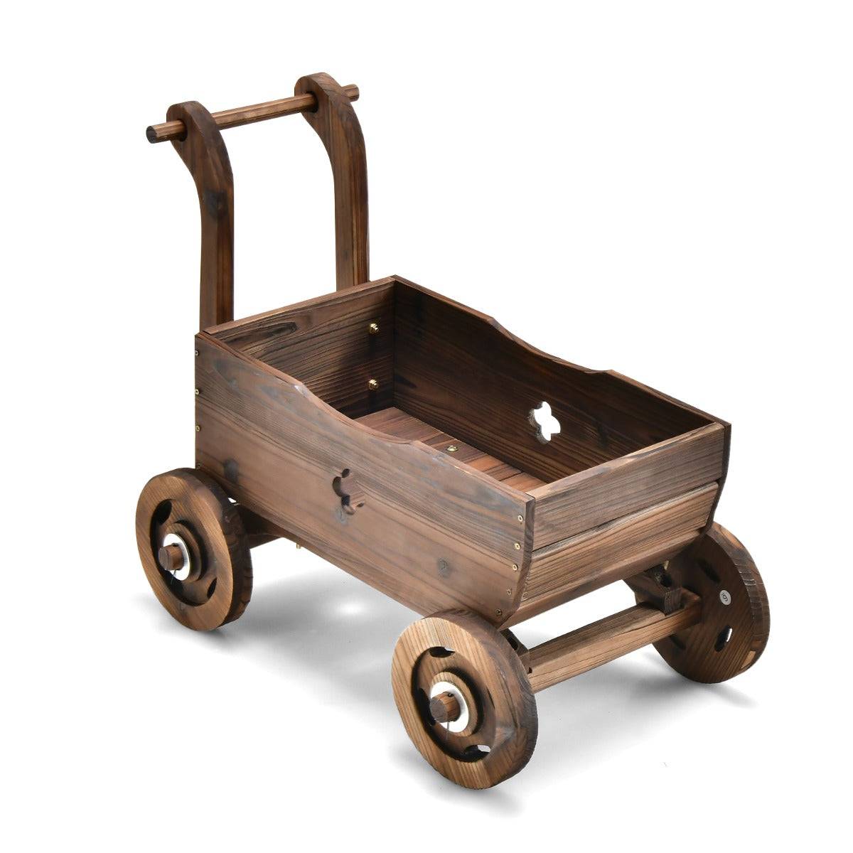 Brouette en bois décorative avec roues poignées trou de drainage support de pot de fleurs roulant rustique jardin balcon marron - Image 1