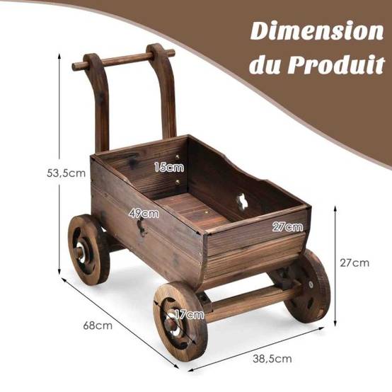 Brouette en bois décorative avec roues poignées trou de drainage support de pot de fleurs roulant rustique jardin balcon marron - Image 3