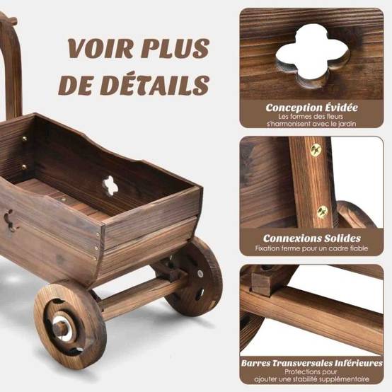 Brouette en bois décorative avec roues poignées trou de drainage support de pot de fleurs roulant rustique jardin balcon marron - Image 2
