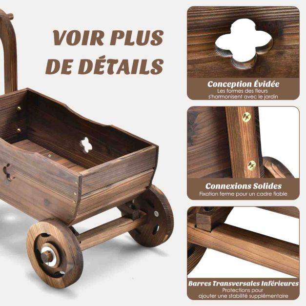 Brouette en bois décorative avec roues poignées trou de drainage support de pot de fleurs roulant rustique jardin balcon marron - Image 2
