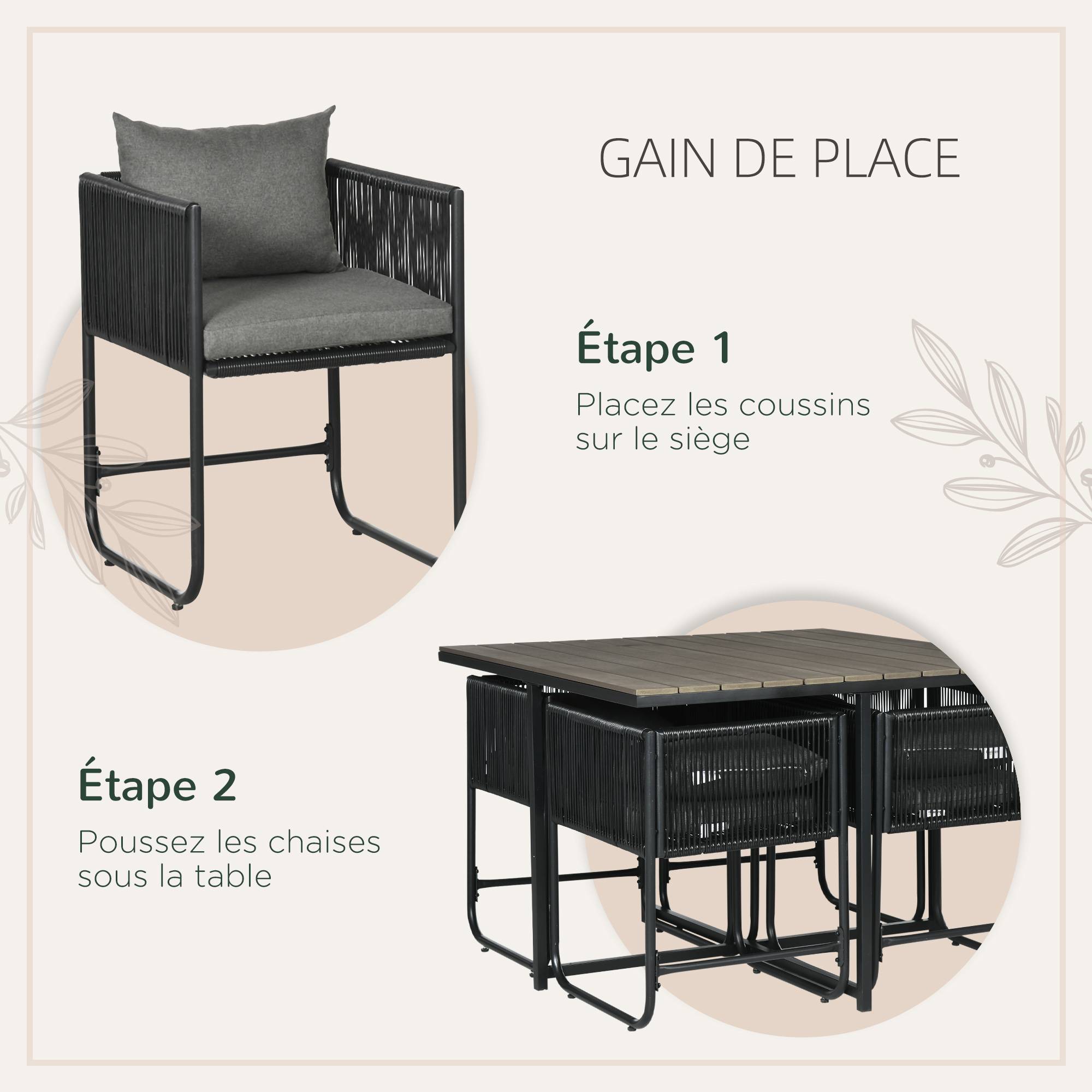 Outsunny - Ensemble salon de jardin encastrable 4 personnes 5 pièces - coussins déhoussables - métal résine filaire noir gris - Outsunny - Imagen 7