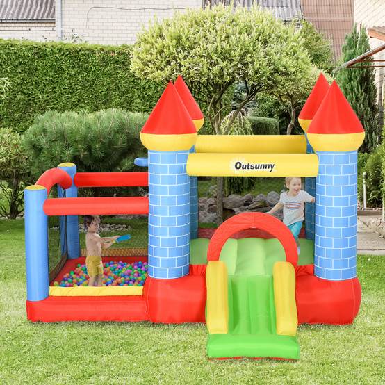 Château gonflable multicolore toboggan matelas gonfleur et sac de transport 280 × 260 × 210 cm intérieur extérieur - Image 4