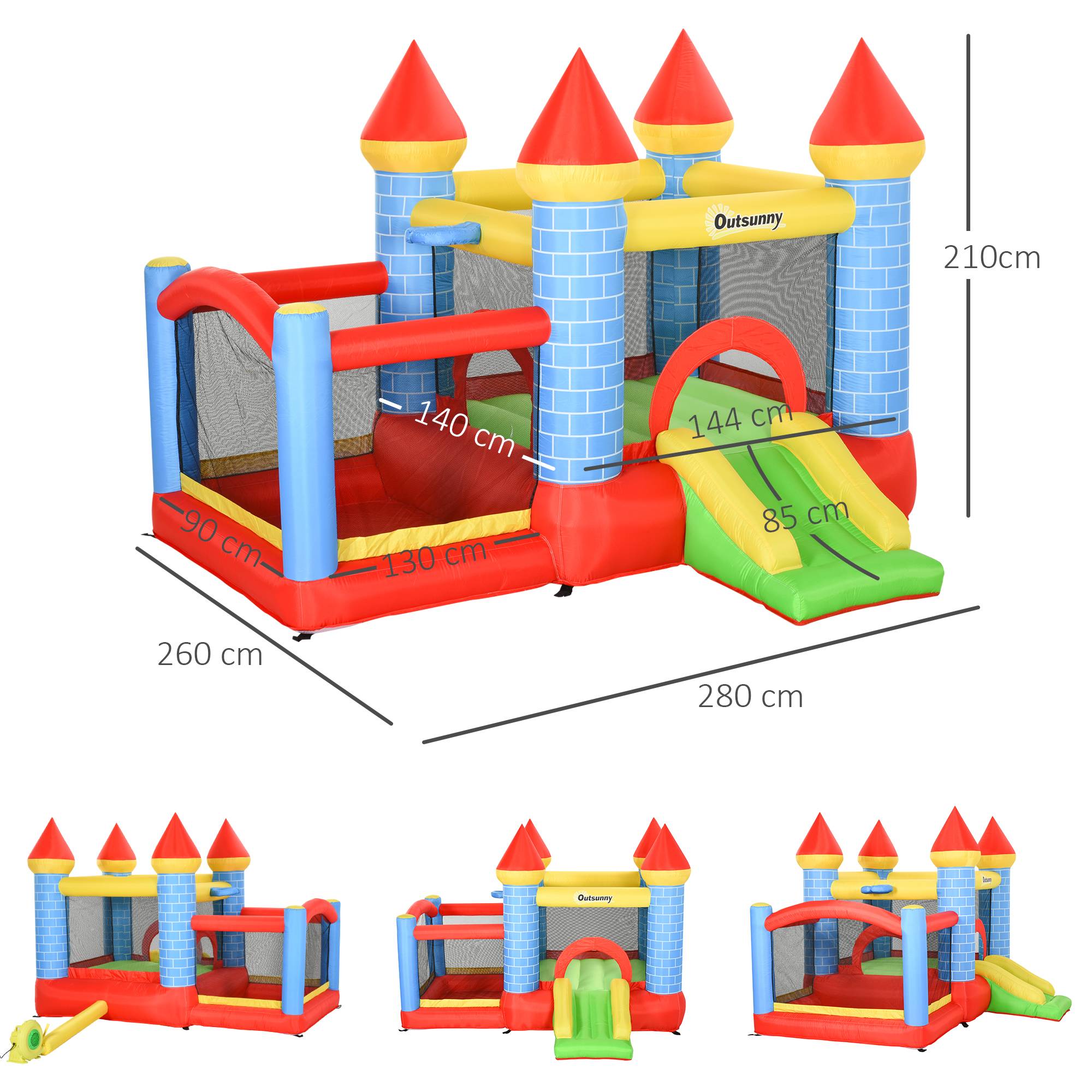 Château gonflable multicolore toboggan matelas gonfleur et sac de transport 280 × 260 × 210 cm intérieur extérieur - Image 5