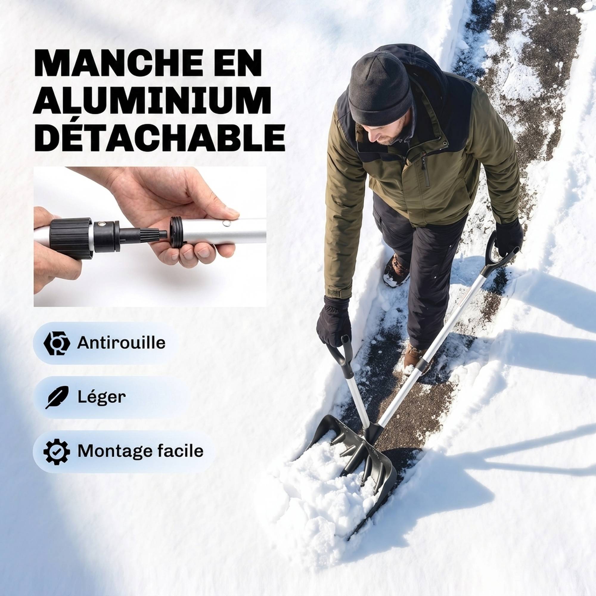 ComfortXL - Pelle à neige en aluminium et plastique noir lame 45 cm pour allées avec double poignée et manche amovible - Image 7