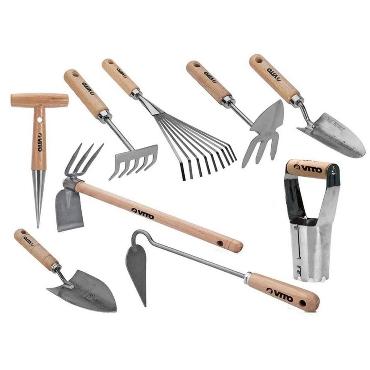 Kit 9 outils de jardin Manche bois Hêtre Inox et Fer forgés à la main VITO - Imagen 1