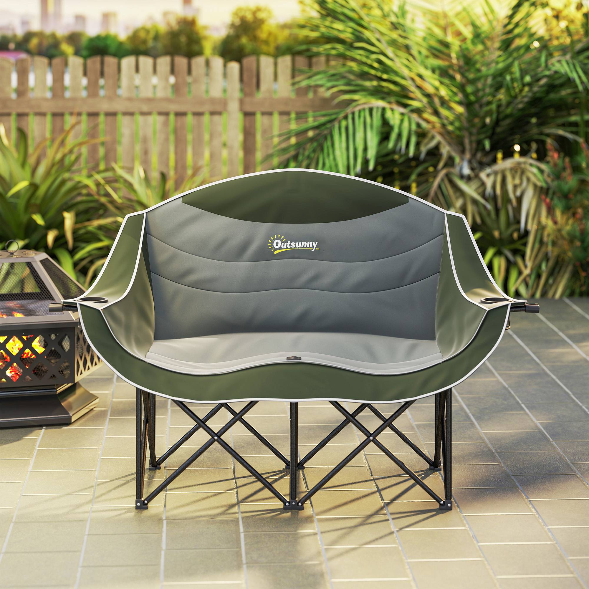 Chaise de camping pliante 2 places métal Oxford porte-gobelets charge 250kg verte - ComfortXL Outdoor Living - Image 10