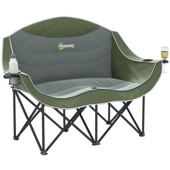 Chaise de camping pliante 2 places métal Oxford porte-gobelets charge 250kg verte - ComfortXL Outdoor Living - Image 1