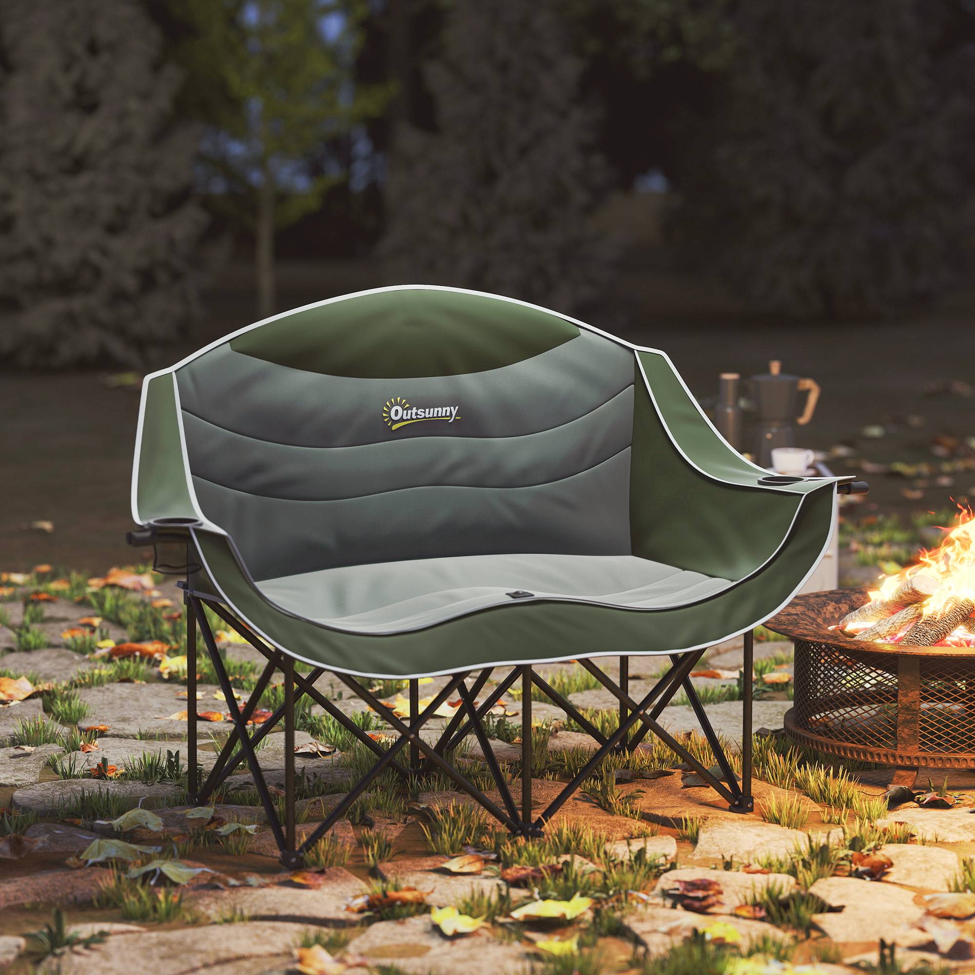 Chaise de camping pliante 2 places métal Oxford porte-gobelets charge 250kg verte - ComfortXL Outdoor Living - Image 4