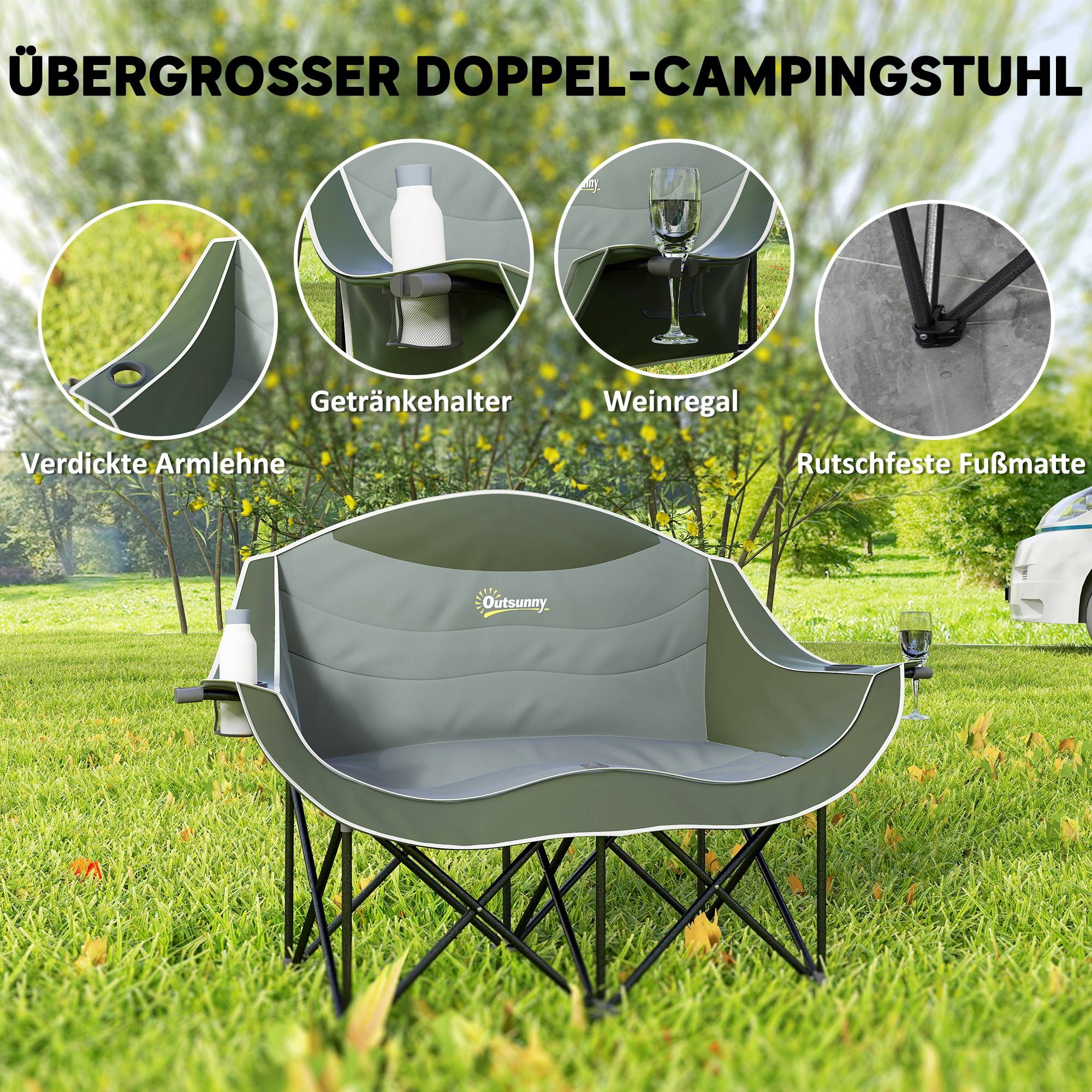 Chaise de camping pliante 2 places métal Oxford porte-gobelets charge 250kg verte - ComfortXL Outdoor Living - Image 6