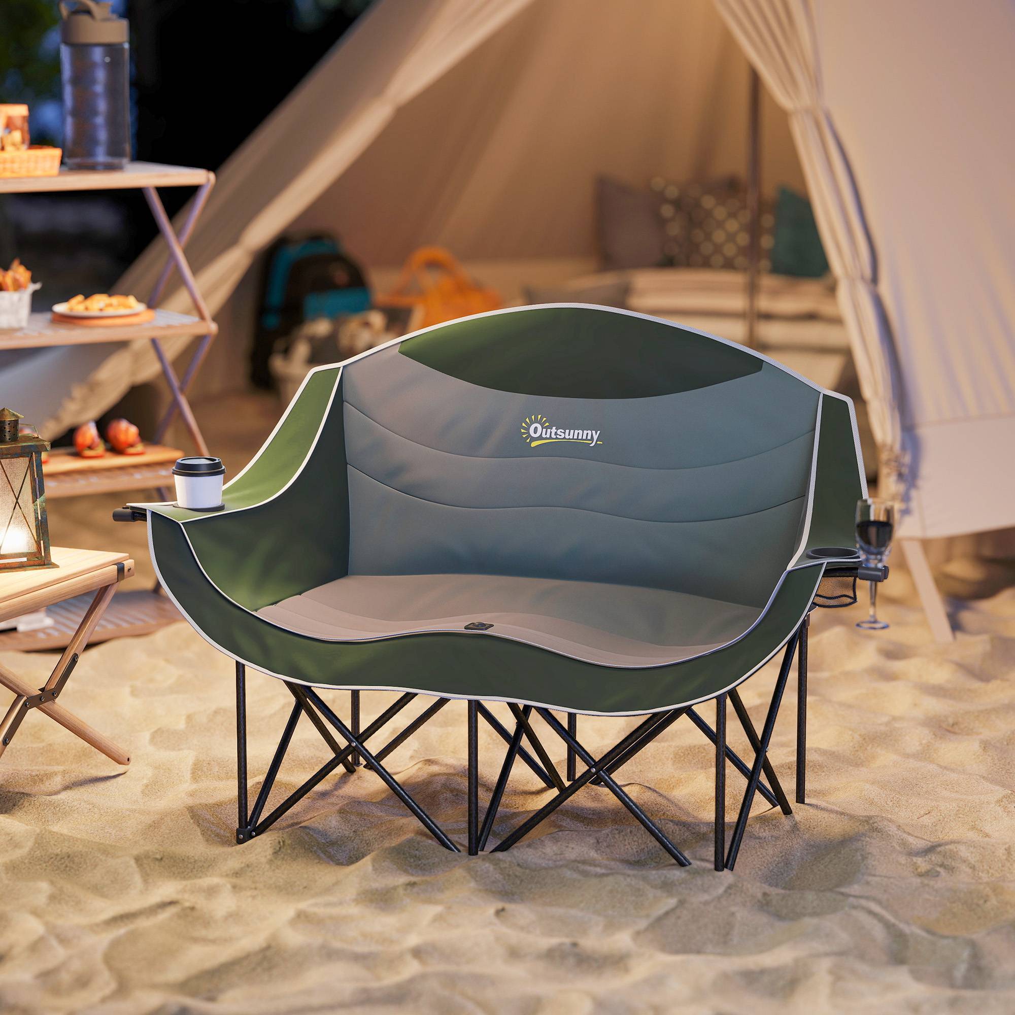 Chaise de camping pliante 2 places métal Oxford porte-gobelets charge 250kg verte - ComfortXL Outdoor Living - Image 3