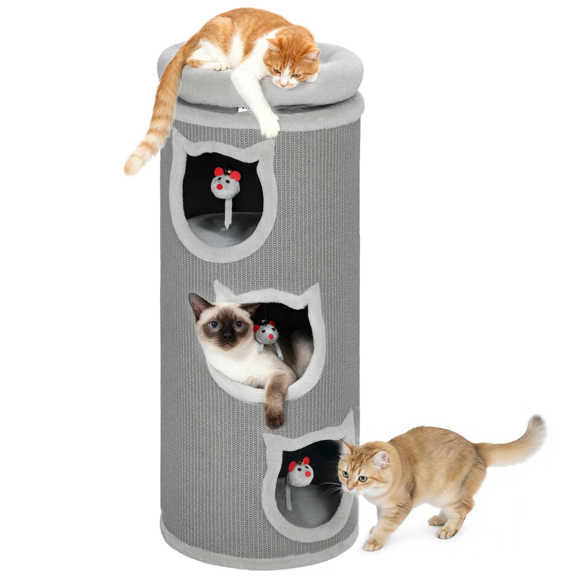 Tonneau à Chat 3 Niveaux Bois Sisal Cachette Repos Jeu Souris 38x38x96cm Gris - ComfortXL Outdoor Living - Image 1