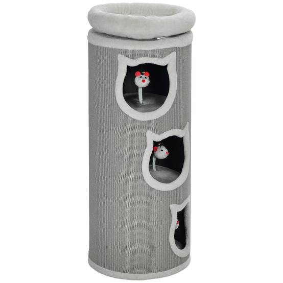 Tonneau à Chat 3 Niveaux Bois Sisal Cachette Repos Jeu Souris 38x38x96cm Gris - ComfortXL Outdoor Living - Image 2