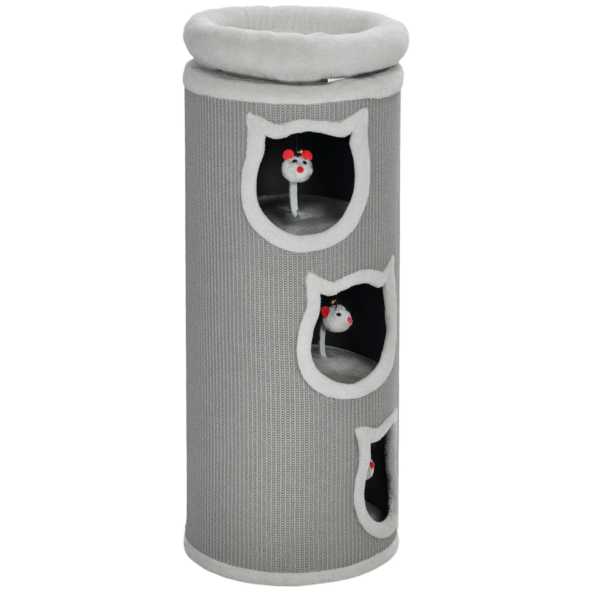 Tonneau à Chat 3 Niveaux Bois Sisal Cachette Repos Jeu Souris 38x38x96cm Gris - ComfortXL Outdoor Living - Image 2