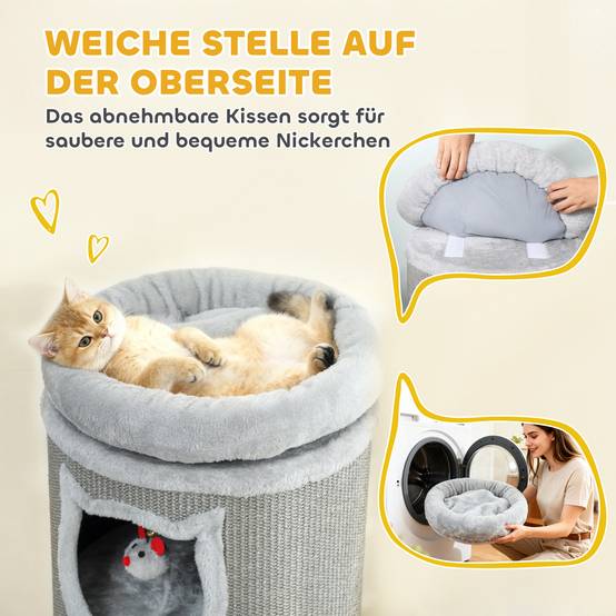 Tonneau à Chat 3 Niveaux Bois Sisal Cachette Repos Jeu Souris 38x38x96cm Gris - ComfortXL Outdoor Living - Image 8