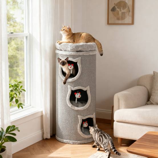 Tonneau à Chat 3 Niveaux Bois Sisal Cachette Repos Jeu Souris 38x38x96cm Gris - ComfortXL Outdoor Living - Image 3