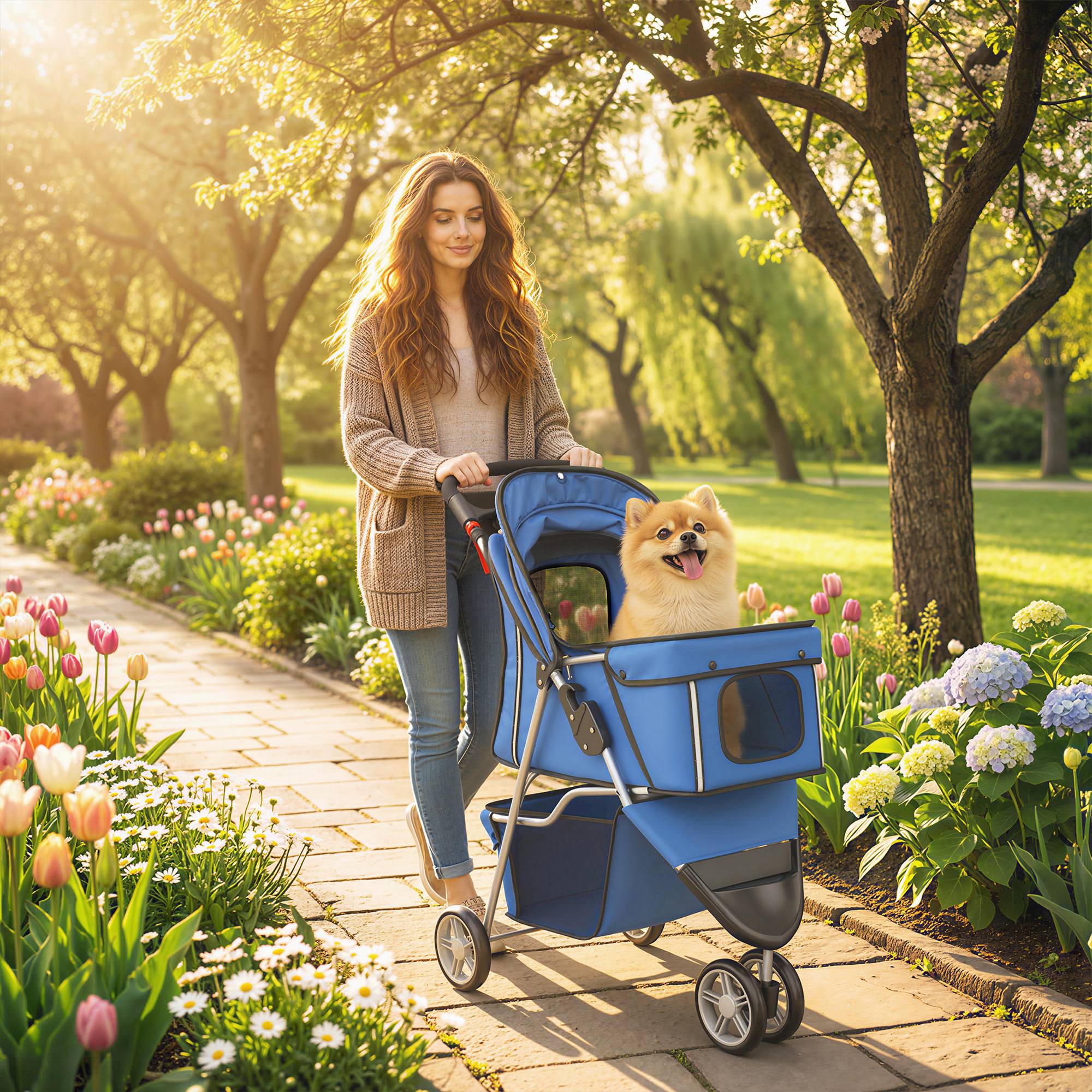 ComfortXL - Poussette chien pliable acier tissu Oxford bleue 77 x 44 x 102 cm petits chiens jusqu’à 10 kg roues pivotantes - Image 1