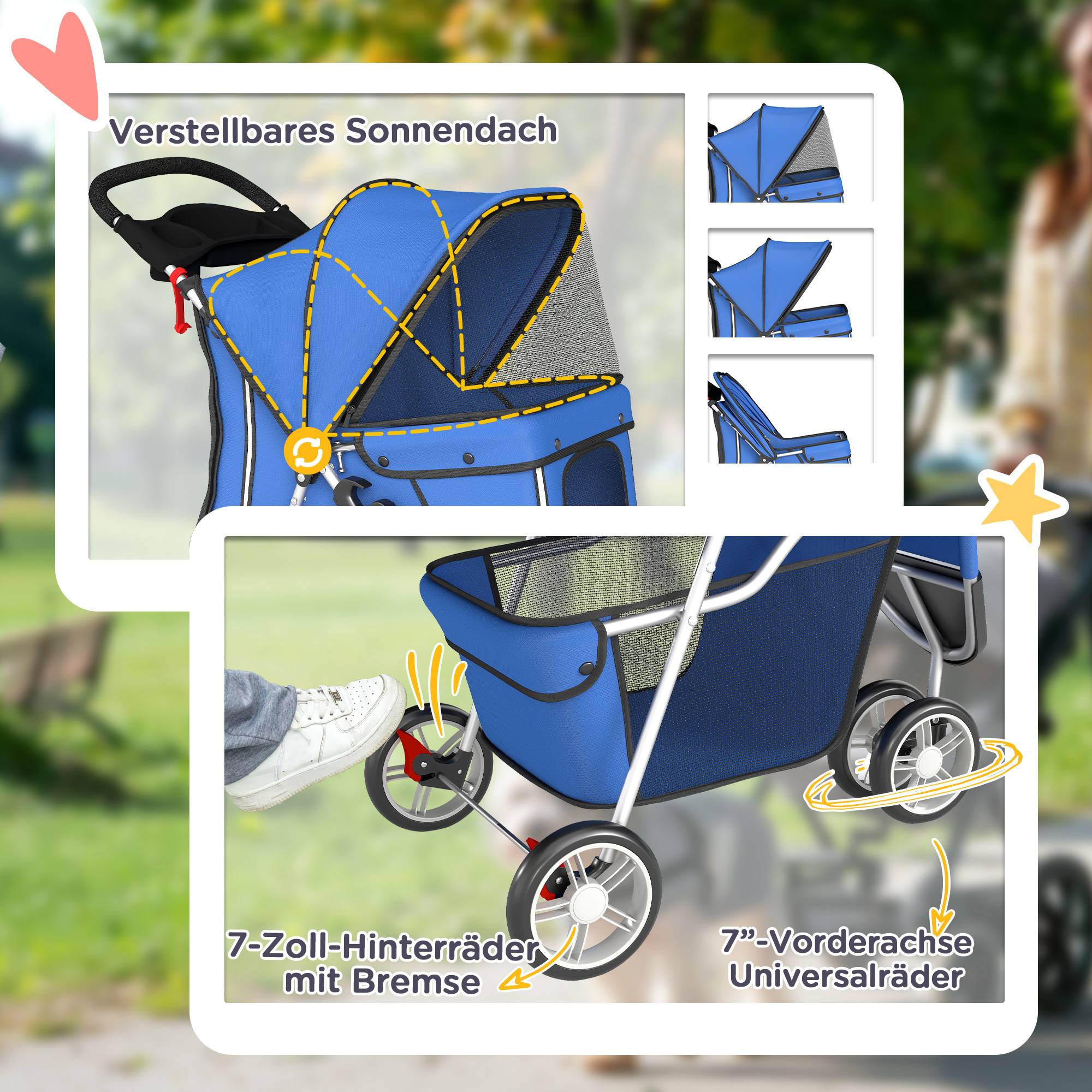ComfortXL - Poussette chien pliable acier tissu Oxford bleue 77 x 44 x 102 cm petits chiens jusqu’à 10 kg roues pivotantes - Image 6