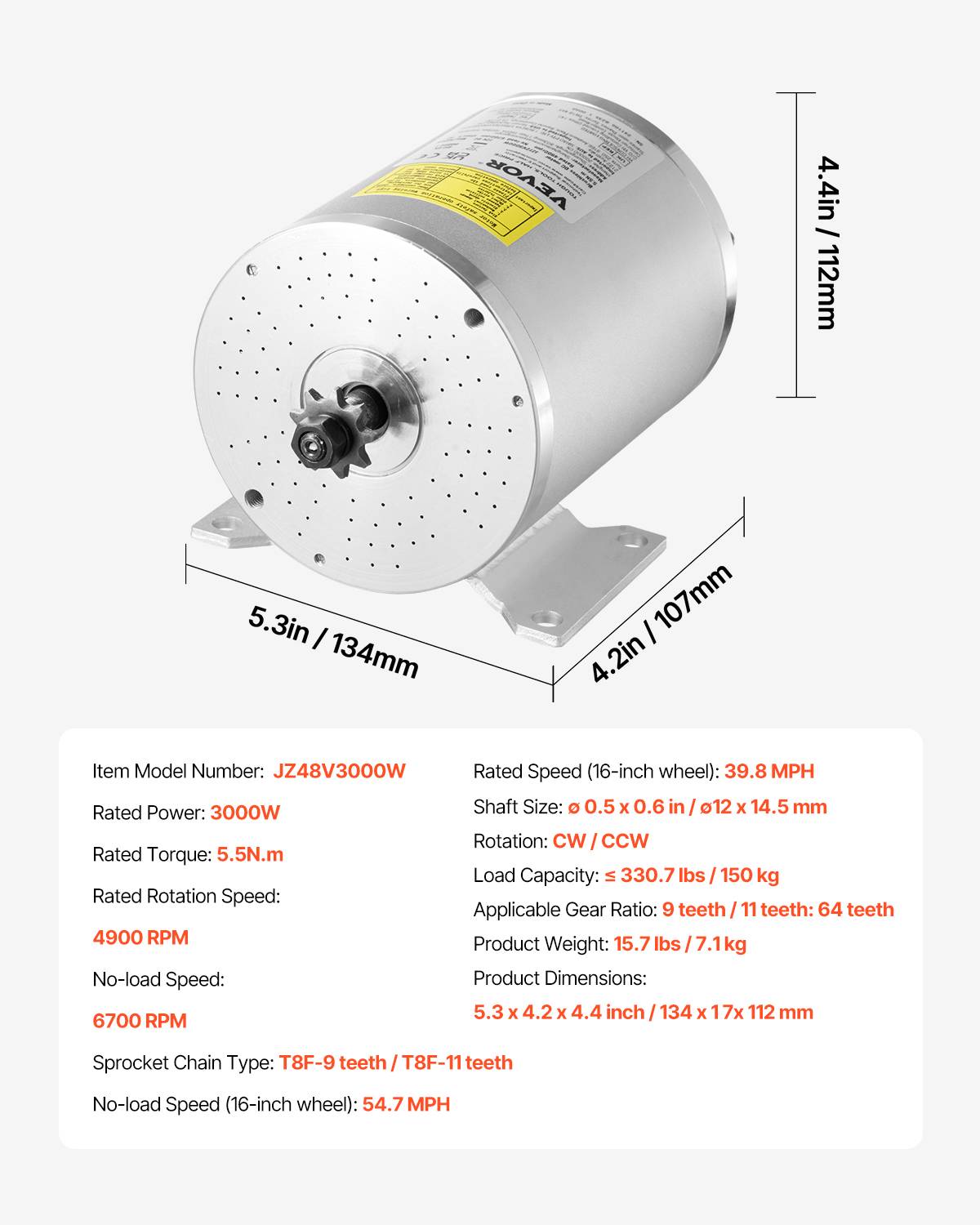 VEVOR Kit moteur électrique sans balais 3000 W, 72 V 4900 tr/min, contrôleur. - Image 7