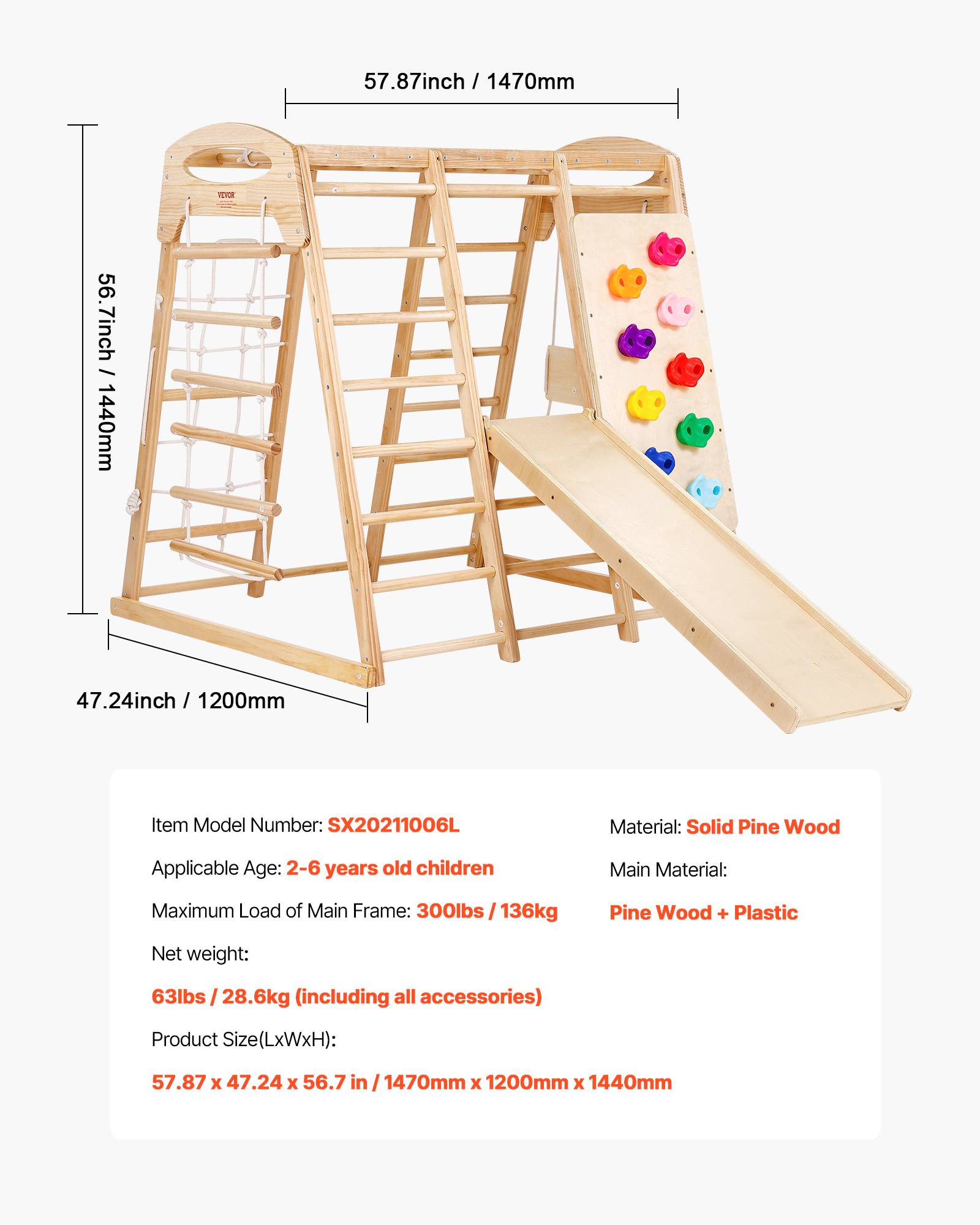 Vevor - VEVOR Aire de jeux intérieure 7-en-1 147x120x144 cm, échelle bois et corde, filet, balançoire, barre de singe, toboggan, mur d'escalade - Image 6