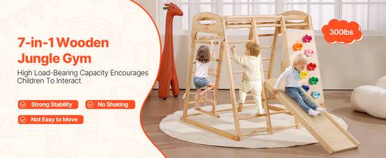 Vevor - VEVOR Aire de jeux intérieure 7-en-1 147x120x144 cm, échelle bois et corde, filet, balançoire, barre de singe, toboggan, mur d'escalade - Image 9