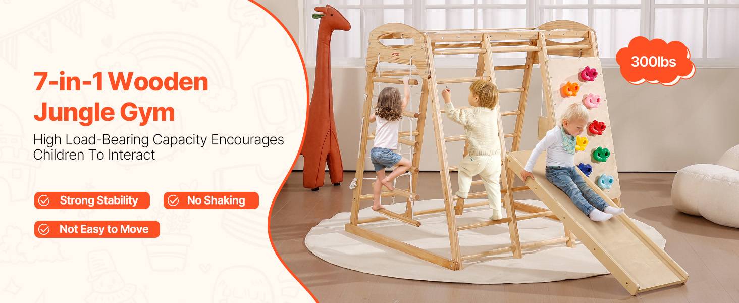 Vevor - VEVOR Aire de jeux intérieure 7-en-1 147x120x144 cm, échelle bois et corde, filet, balançoire, barre de singe, toboggan, mur d'escalade - Image 9