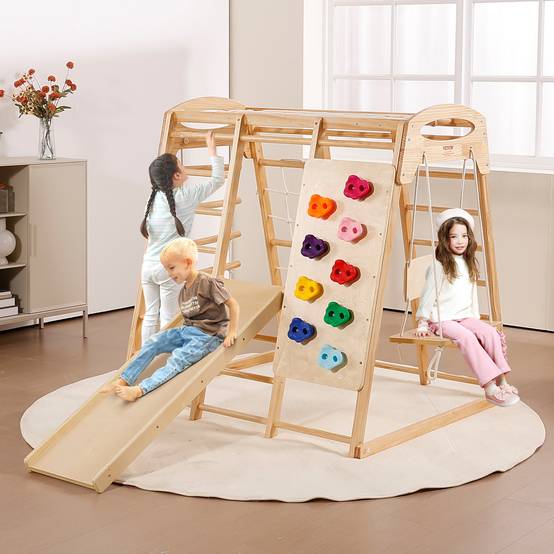 Vevor - VEVOR Aire de jeux intérieure 7-en-1 147x120x144 cm, échelle bois et corde, filet, balançoire, barre de singe, toboggan, mur d'escalade - Image 8