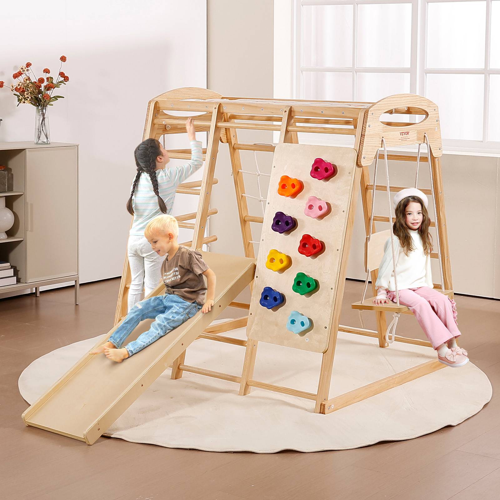 Vevor - VEVOR Aire de jeux intérieure 7-en-1 147x120x144 cm, échelle bois et corde, filet, balançoire, barre de singe, toboggan, mur d'escalade - Image 8