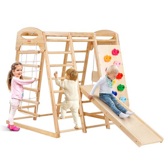 Vevor - VEVOR Aire de jeux intérieure 7-en-1 147x120x144 cm, échelle bois et corde, filet, balançoire, barre de singe, toboggan, mur d'escalade - Image 1