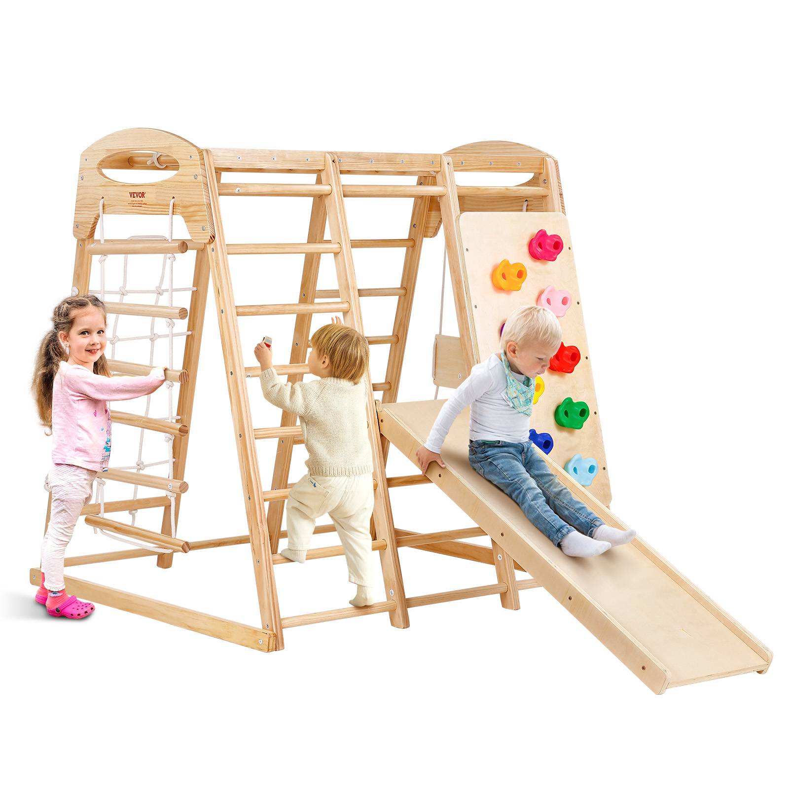 Vevor - VEVOR Aire de jeux intérieure 7-en-1 147x120x144 cm, échelle bois et corde, filet, balançoire, barre de singe, toboggan, mur d'escalade - Image 1