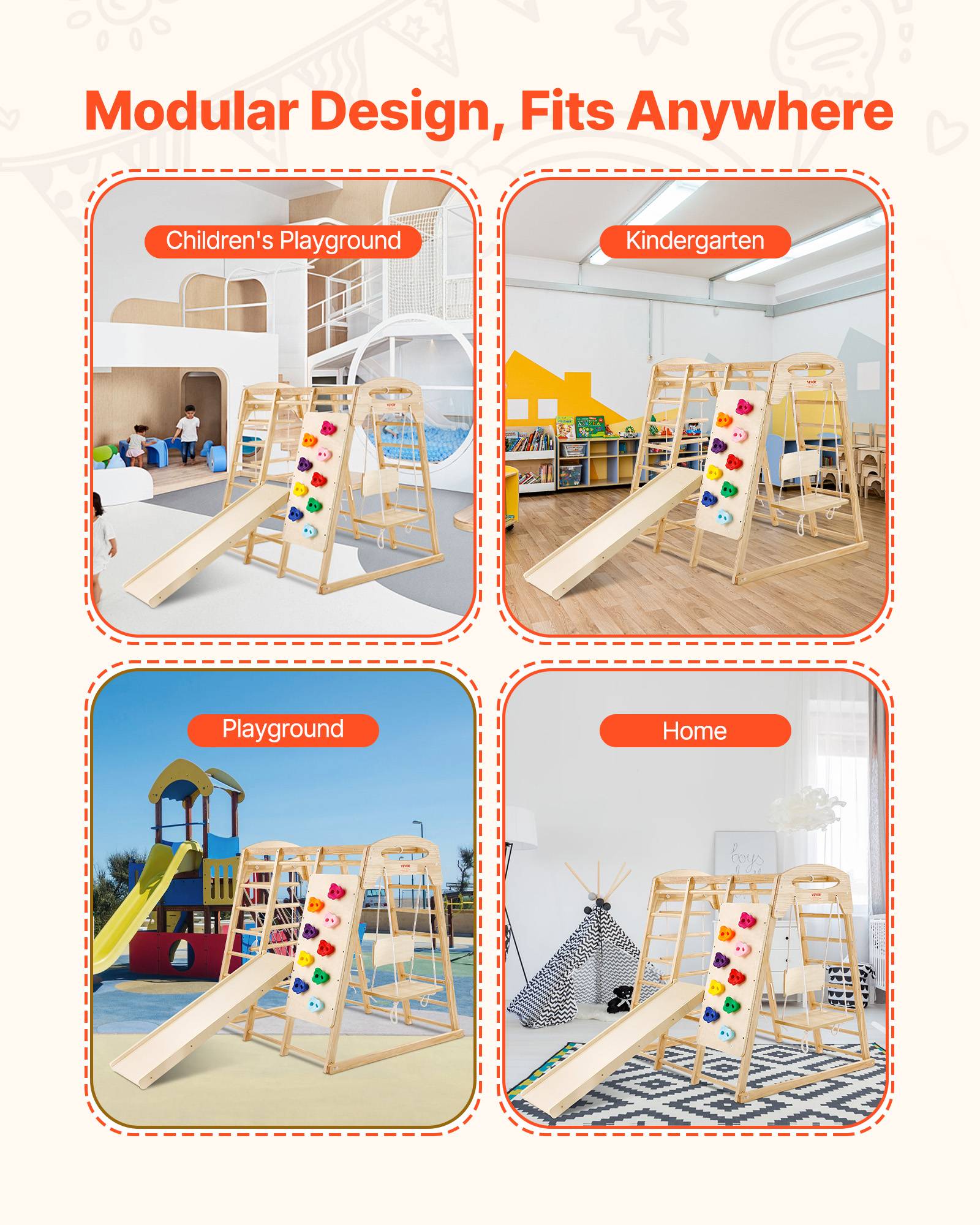 Vevor - VEVOR Aire de jeux intérieure 7-en-1 147x120x144 cm, échelle bois et corde, filet, balançoire, barre de singe, toboggan, mur d'escalade - Image 5
