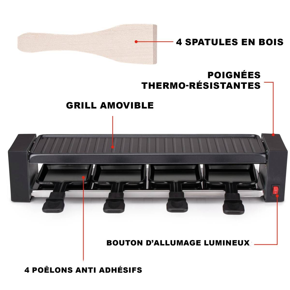 Alpina - Appareil à raclette 4 personnes 800W Revêtement Anti-adhésif Poelons et spatules ALPINA - Imagen 4