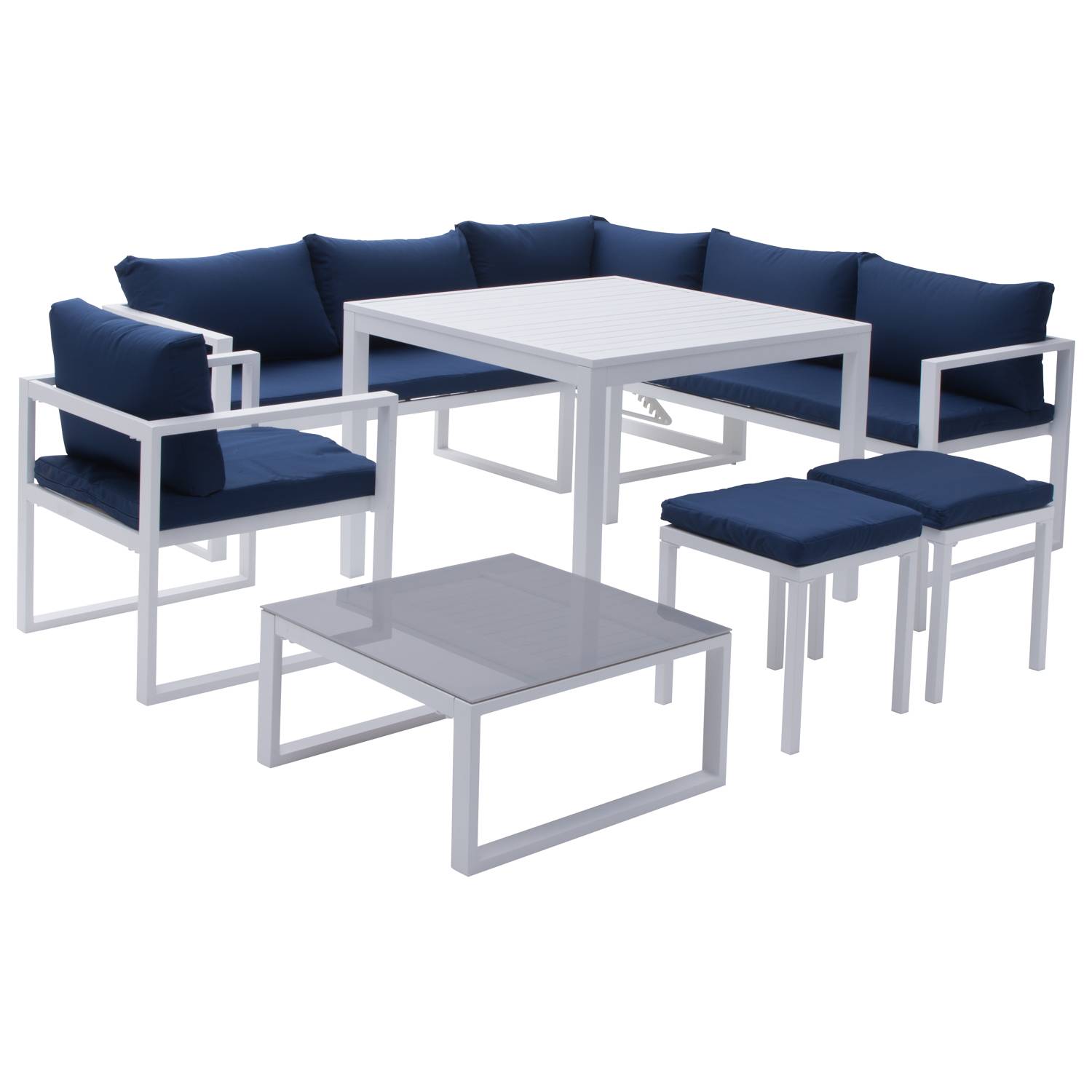 Happy Garden - Salon de jardin modulable IBIZA en tissu bleu 7 places - aluminium blanc - HAPPY GARDEN - Image 1