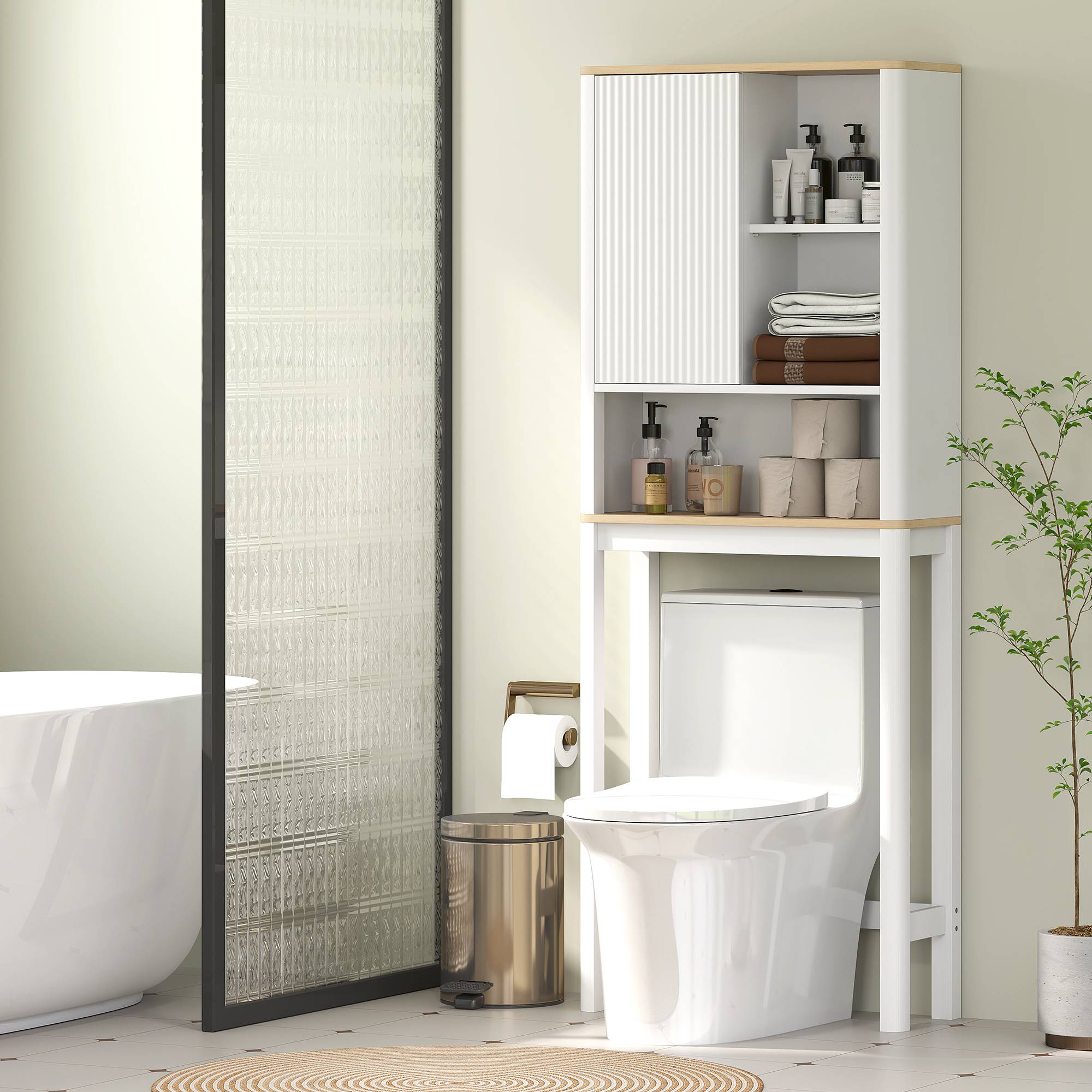 Sans Marque - Meuble rangement dessus toilettes porte cannelée compartiments étagère réglable 65x25x170cm blanc - Image 4