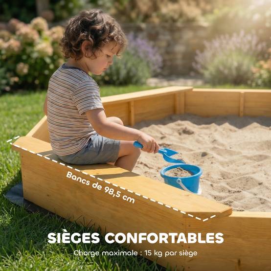 Bac à sable en bois avec auvent, bac à sable enfant extérieur avec 4 bancs, doublure de fond, jaune - Image 8