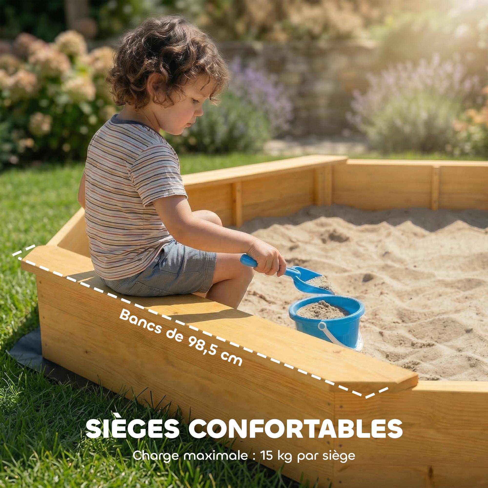 Bac à sable en bois avec auvent, bac à sable enfant extérieur avec 4 bancs, doublure de fond, jaune - Image 8