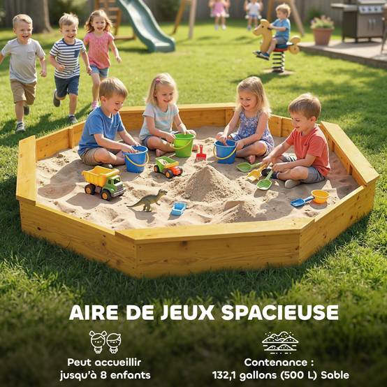 Bac à sable en bois avec auvent, bac à sable enfant extérieur avec 4 bancs, doublure de fond, jaune - Image 6