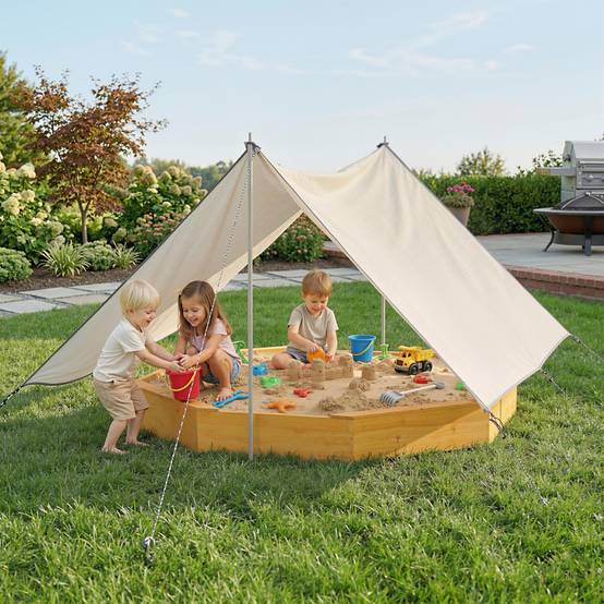 Bac à sable en bois avec auvent, bac à sable enfant extérieur avec 4 bancs, doublure de fond, jaune - Image 3