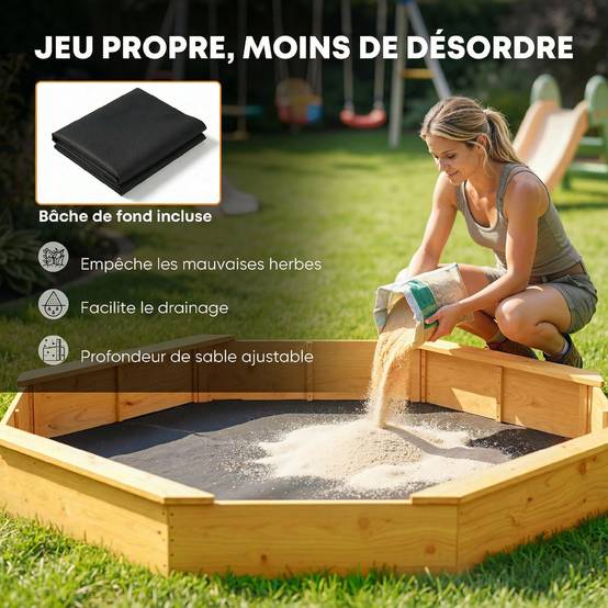 Bac à sable en bois avec auvent, bac à sable enfant extérieur avec 4 bancs, doublure de fond, jaune - Image 9