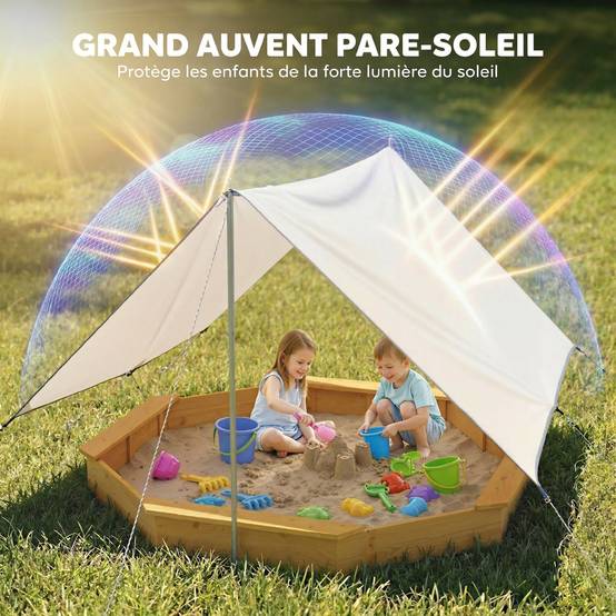 Bac à sable en bois avec auvent, bac à sable enfant extérieur avec 4 bancs, doublure de fond, jaune - Image 7